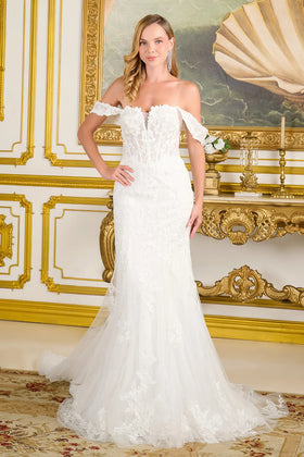 Off-White Fitted Lace Embroidered Corset Gown with Detachable Off-Shoulder Straps by Gloria GL3713