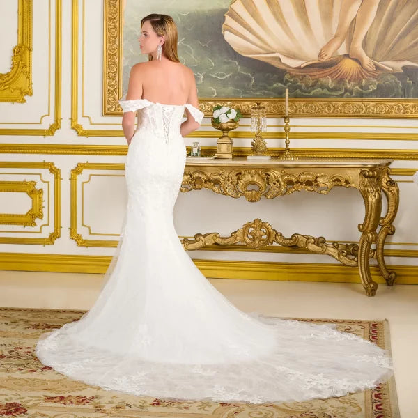 Off-White Fitted Lace Embroidered Corset Gown with Detachable Off-Shoulder Straps by Gloria GL3713