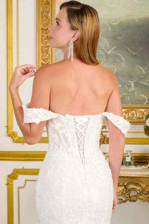 Off-White Fitted Lace Embroidered Corset Gown with Detachable Off-Shoulder Straps by Gloria GL3713