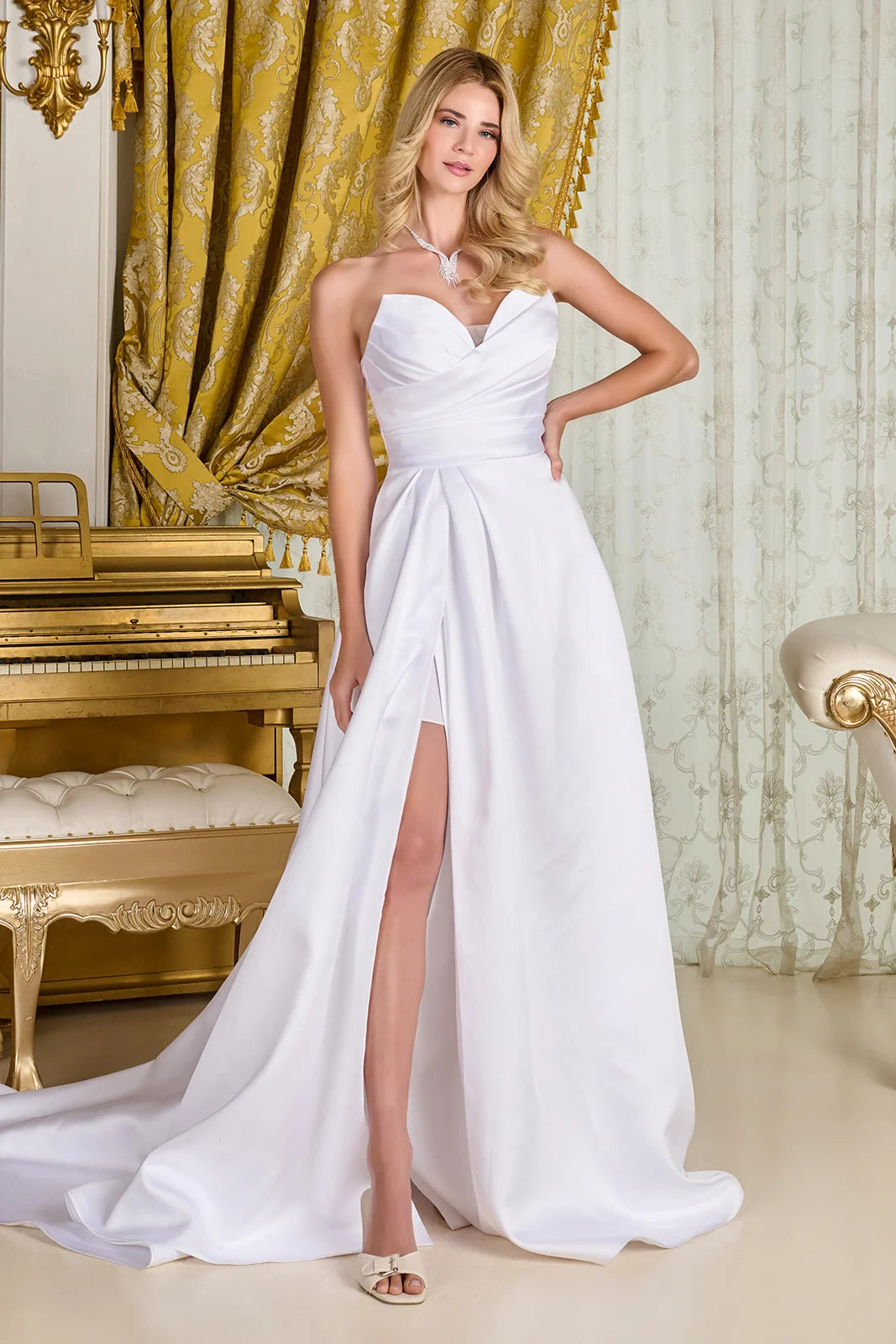 Off-White Strapless Satin A-Line Wedding Dress with High Slit Corset Back & Train by Gloria GL3715