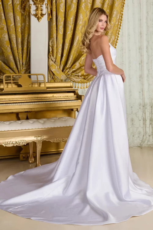 Off-White Strapless Satin A-Line Wedding Dress with High Slit Corset Back & Train by Gloria GL3715