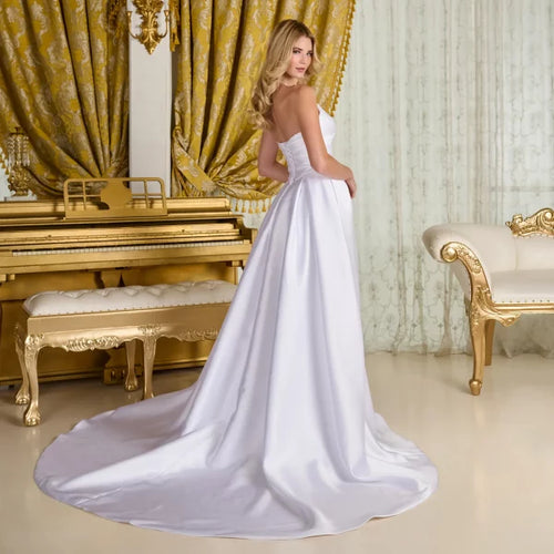 Off-White Strapless Satin A-Line Wedding Dress with High Slit Corset Back & Train by Gloria GL3715