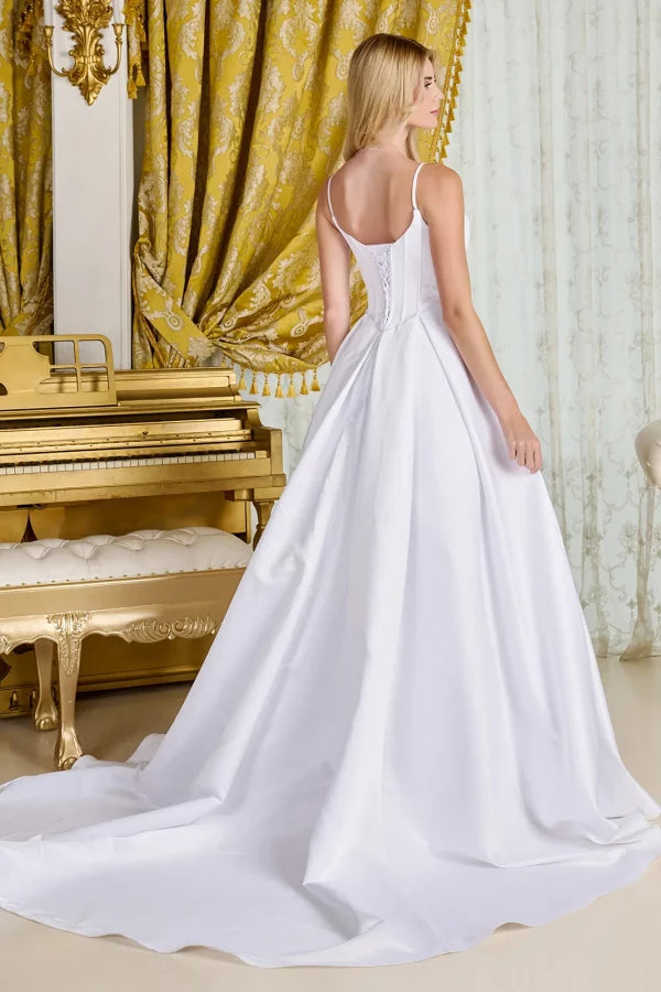 Off-White Satin A-Line Wedding Dress with Corset Bodice Spaghetti Straps & Train by Gloria GL3716