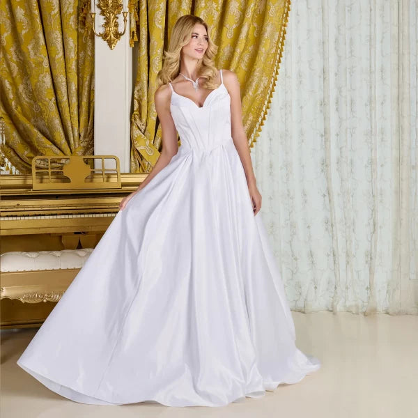 Off-White Satin A-Line Wedding Dress with Corset Bodice Spaghetti Straps & Train by Gloria GL3716