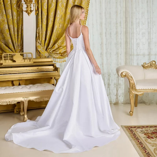 Off-White Satin A-Line Wedding Dress with Corset Bodice Spaghetti Straps & Train by Gloria GL3716