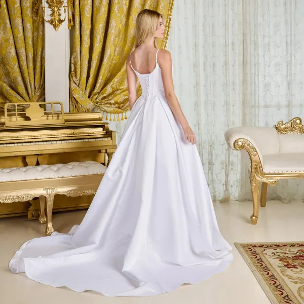 Off-White Satin A-Line Wedding Dress with Corset Bodice Spaghetti Straps & Train by Gloria GL3716