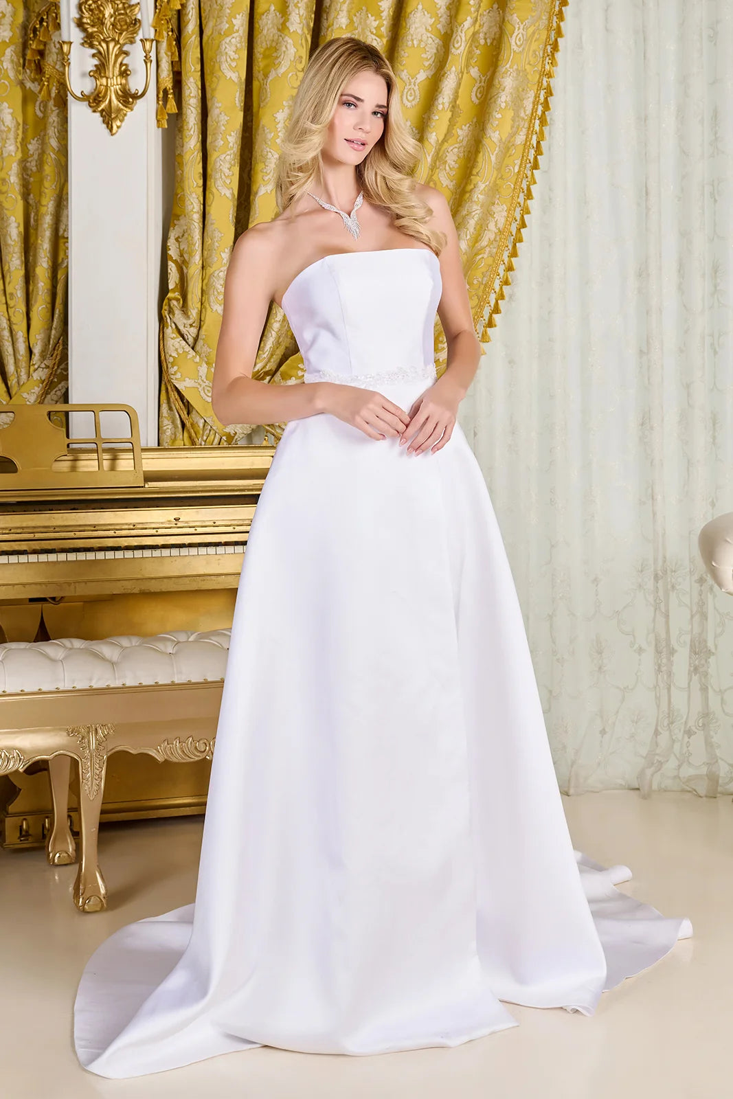 Off-White Strapless A-Line Taffeta Wedding Dress with Beaded Waist & Chapel Train by Gloria GL3718