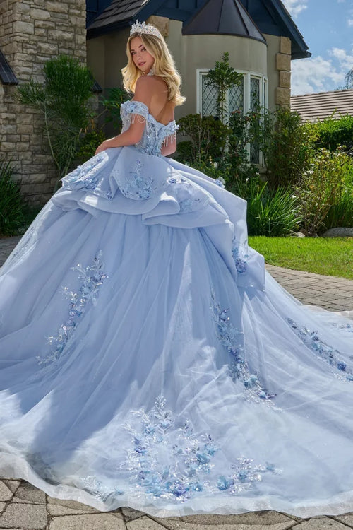 Elizabeth K LIGHT BLUE Glitter Tulle Skirt with Beaded Crystal &amp; Pearl Illusion Corset Bodice Ballgown Quinceanera Dre...