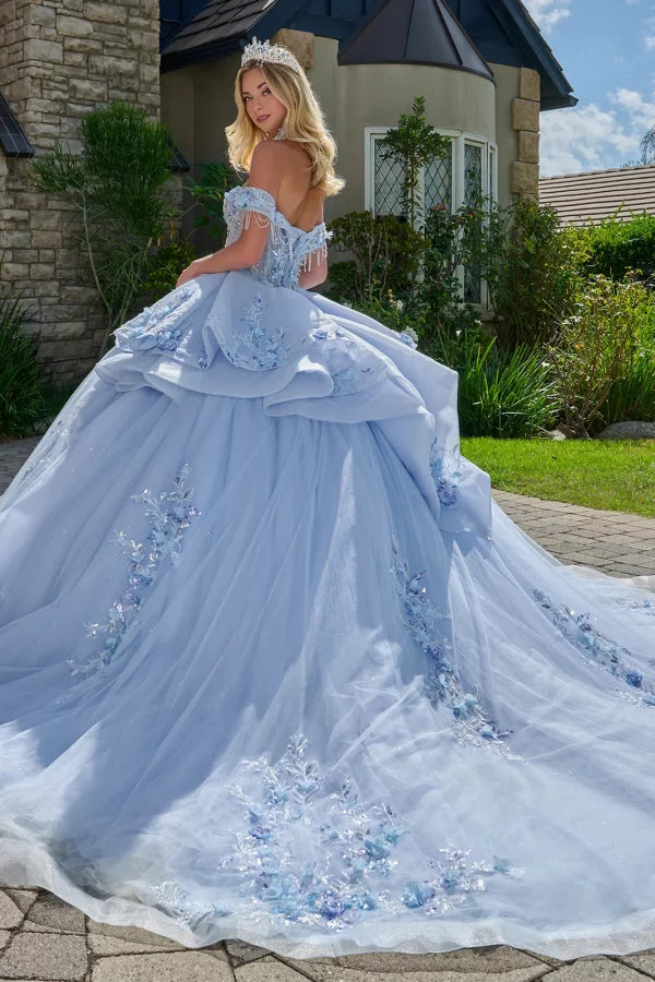 Elizabeth K LIGHT BLUE Glitter Tulle Skirt with Beaded Crystal &amp; Pearl Illusion Corset Bodice Ballgown Quinceanera Dre...