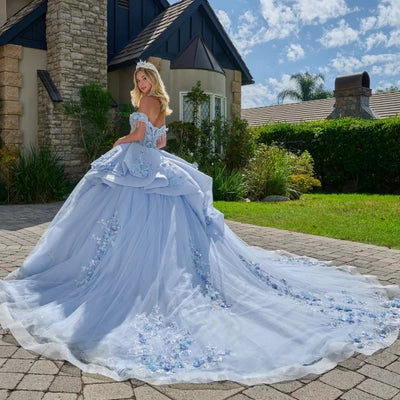Elizabeth K LIGHT BLUE Glitter Tulle Skirt with Beaded Crystal &amp; Pearl Illusion Corset Bodice Ballgown Quinceanera Dre...