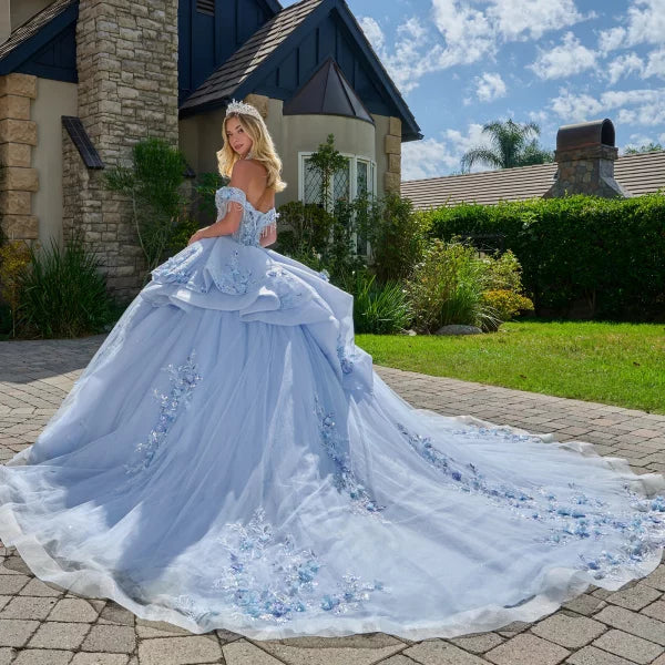 Elizabeth K LIGHT BLUE Glitter Tulle Skirt with Beaded Crystal &amp; Pearl Illusion Corset Bodice Ballgown Quinceanera Dre...