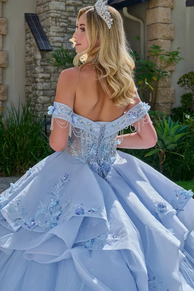 Elizabeth K LIGHT BLUE Glitter Tulle Skirt with Beaded Crystal &amp; Pearl Illusion Corset Bodice Ballgown Quinceanera Dre...