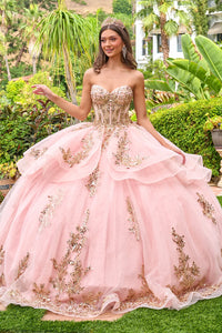Strapless Sweetheart Illusion Corset Bodice Sequin Appliqué Layered Ball Gown by Elizabeth K GL3724