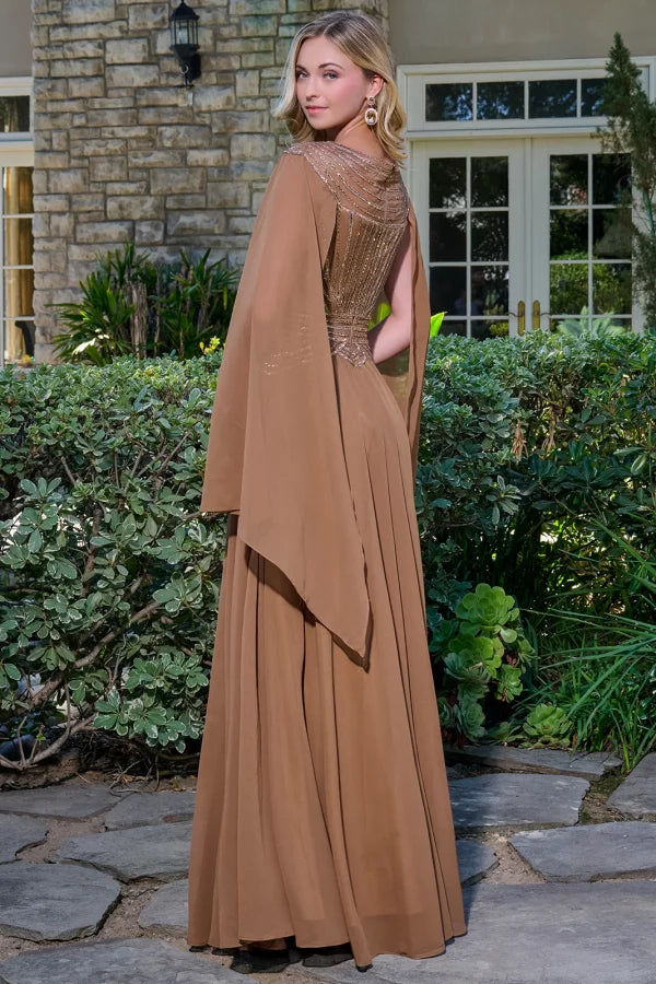 Beaded Cape Sleeve Illusion Bodice A-Line Mother of the Bride Dress Evening Gown by GLS Gloria GL3736