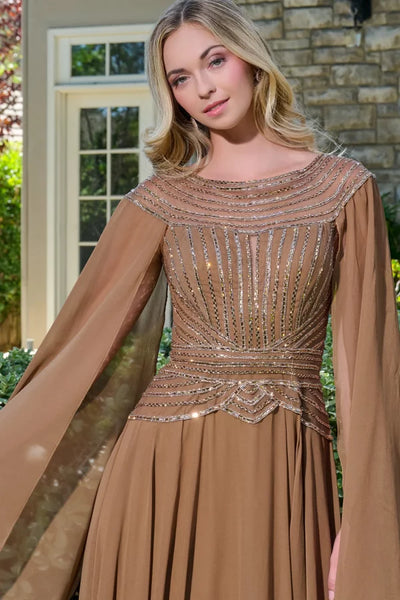 Beaded Cape Sleeve Illusion Bodice A-Line Mother of the Bride Dress Evening Gown by GLS Gloria GL3736