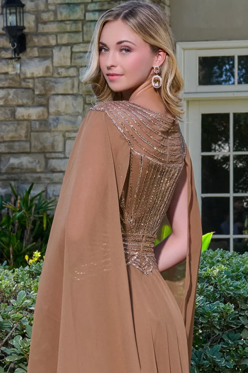 Beaded Cape Sleeve Illusion Bodice A-Line Mother of the Bride Dress Evening Gown by GLS Gloria GL3736
