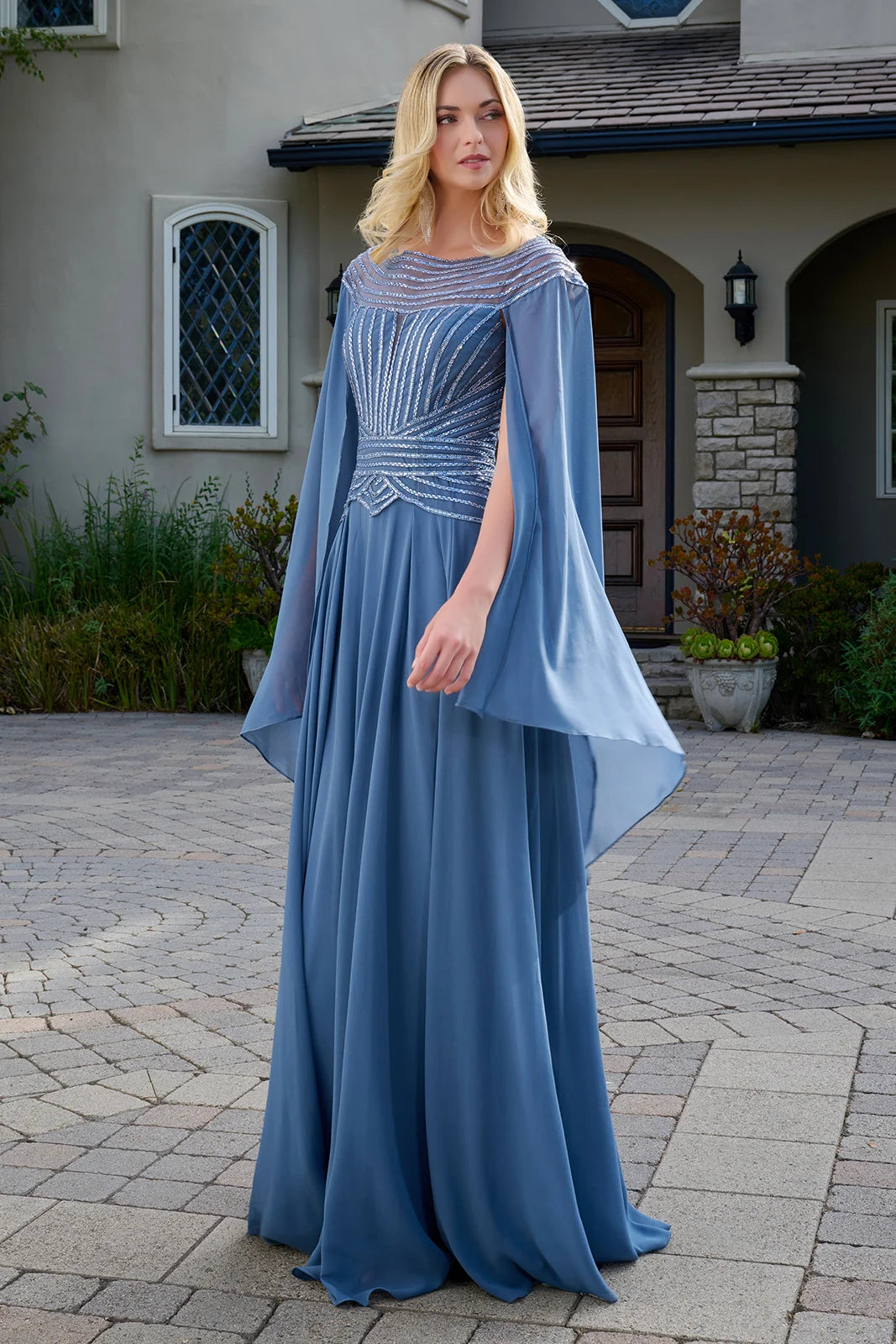 Beaded Cape Sleeve Illusion Bodice A-Line Mother of the Bride Dress Evening Gown by GLS Gloria GL3736