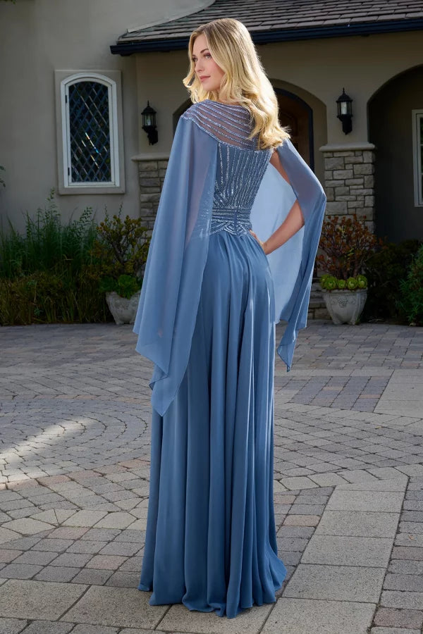 Beaded Cape Sleeve Illusion Bodice A-Line Mother of the Bride Dress Evening Gown by GLS Gloria GL3736