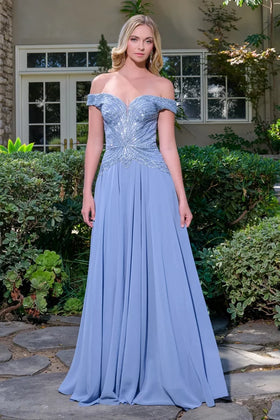 Off The Shoulder V-Neck Jeweled Bodice A-Line Floor-Length Prom Dress by GLS Gloria GL3738