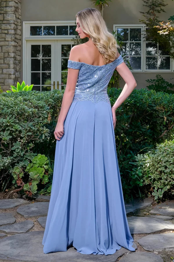 Off The Shoulder V-Neck Jeweled Bodice A-Line Floor-Length Prom Dress by GLS Gloria GL3738