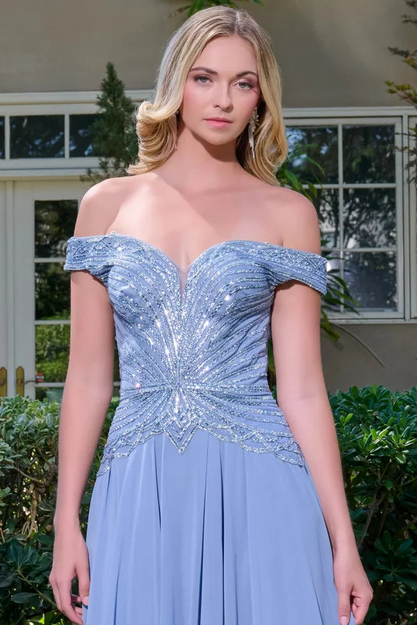 Off The Shoulder V-Neck Jeweled Bodice A-Line Floor-Length Prom Dress by GLS Gloria GL3738