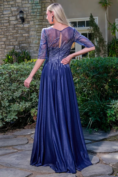 Elegant V-Neck Illusion ½-Sleeve Bodice A-Line Jersey Mother of the Bride Dress by Gloria GL3739