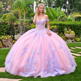 Off Shoulder Sweetheart V-Illusion Beaded Corset Lace Appliqué Glitter Ball Gown with Bow by Elizabeth K GL3753