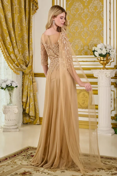 Clearance Champagne Size 4XL Sequin Beaded A-Line Mother of the Bride Formal Gown with Illusion Neckline by GLS GL3788