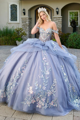 Off Shoulder 3D Butterfly Appliqué Corset Ball Gown by Elizabeth K GL3802