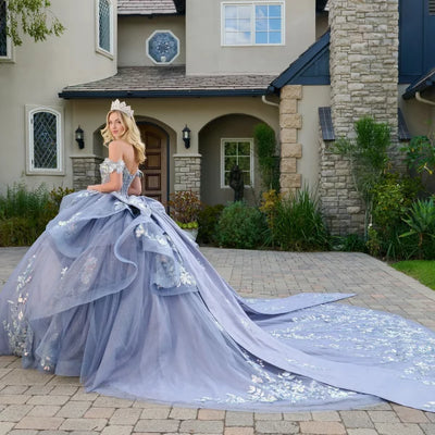 Off Shoulder 3D Butterfly Appliqué Corset Ball Gown by Elizabeth K GL3802