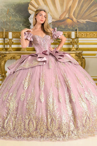 Off-Shoulder Satin Corset Dress with Lace Appliqué and Ruffle Sleeves by Elizabeth K GL3803
