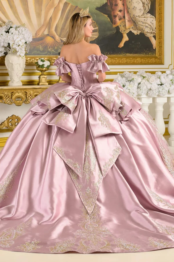 Off-Shoulder Satin Corset Dress with Lace Appliqué and Ruffle Sleeves by Elizabeth K GL3803