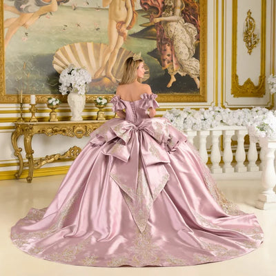 Off-Shoulder Satin Corset Dress with Lace Appliqué and Ruffle Sleeves by Elizabeth K GL3803