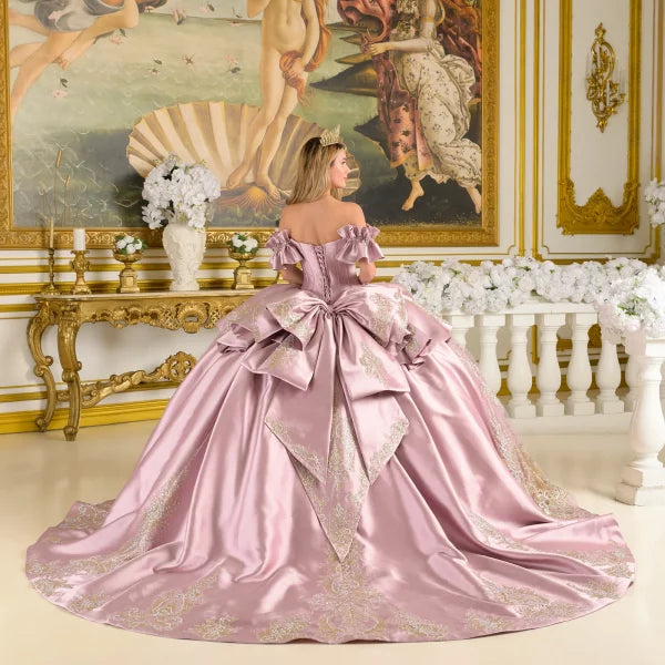 Off-Shoulder Satin Corset Dress with Lace Appliqué and Ruffle Sleeves by Elizabeth K GL3803