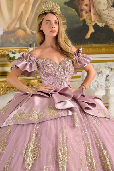 Off-Shoulder Satin Corset Dress with Lace Appliqué and Ruffle Sleeves by Elizabeth K GL3803