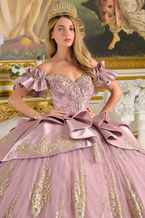 Off-Shoulder Satin Corset Dress with Lace Appliqué and Ruffle Sleeves by Elizabeth K GL3803