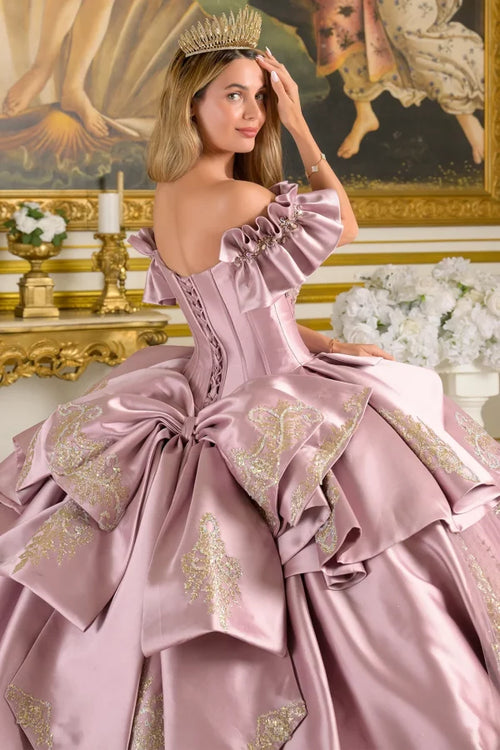 Off-Shoulder Satin Corset Dress with Lace Appliqué and Ruffle Sleeves by Elizabeth K GL3803