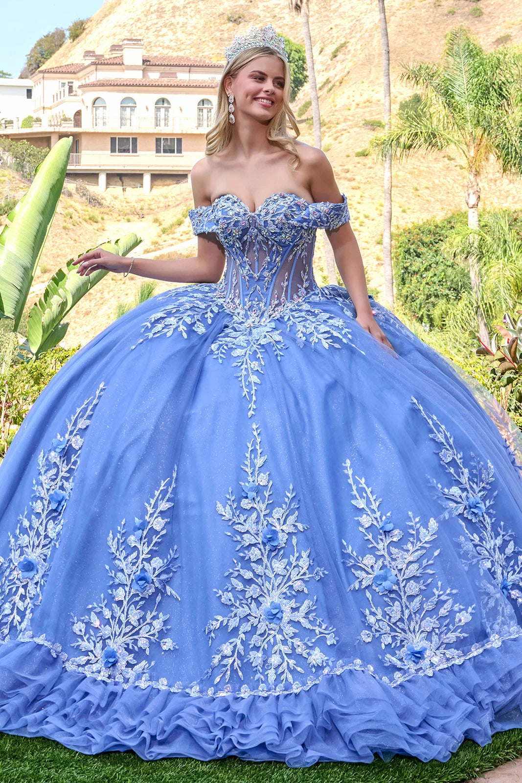 Off-Shoulder V-Neck Corset Beaded Floral Appliqué Embroidered Tulle Ball Gown by Elizabeth K GL3812
