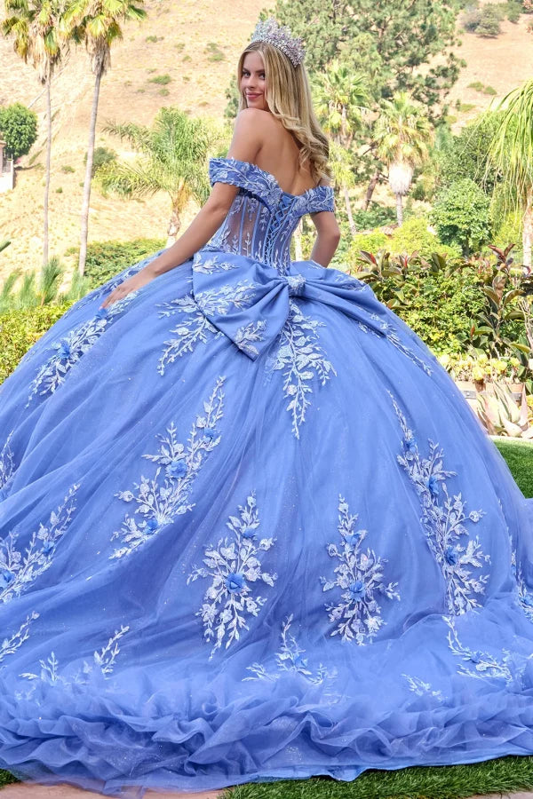 Off-Shoulder V-Neck Corset Beaded Floral Appliqué Embroidered Tulle Ball Gown by Elizabeth K GL3812
