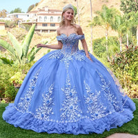 Off-Shoulder V-Neck Corset Beaded Floral Appliqué Embroidered Tulle Ball Gown by Elizabeth K GL3812