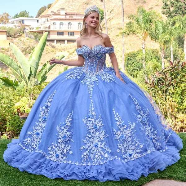 Off-Shoulder V-Neck Corset Beaded Floral Appliqué Embroidered Tulle Ball Gown by Elizabeth K GL3812