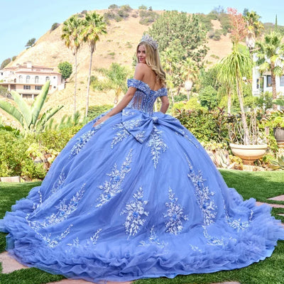 Off-Shoulder V-Neck Corset Beaded Floral Appliqué Embroidered Tulle Ball Gown by Elizabeth K GL3812