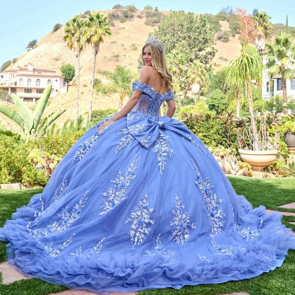 Off-Shoulder V-Neck Corset Beaded Floral Appliqué Embroidered Tulle Ball Gown by Elizabeth K GL3812