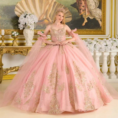Sleeveless Corset Tulle Dress Quinceañera Ball Gown with Detachable Sleeves by Elizabeth K GL3814