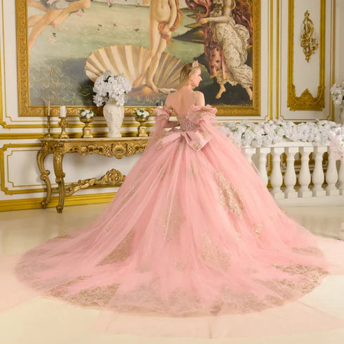 Sleeveless Corset Tulle Dress Quinceañera Ball Gown with Detachable Sleeves by Elizabeth K GL3814