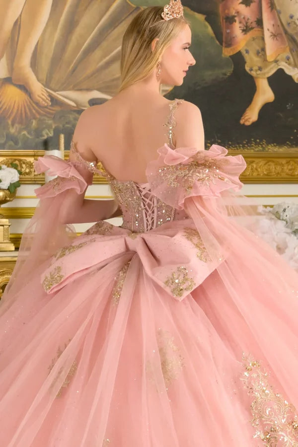 Sleeveless Corset Tulle Dress Quinceañera Ball Gown with Detachable Sleeves by Elizabeth K GL3814