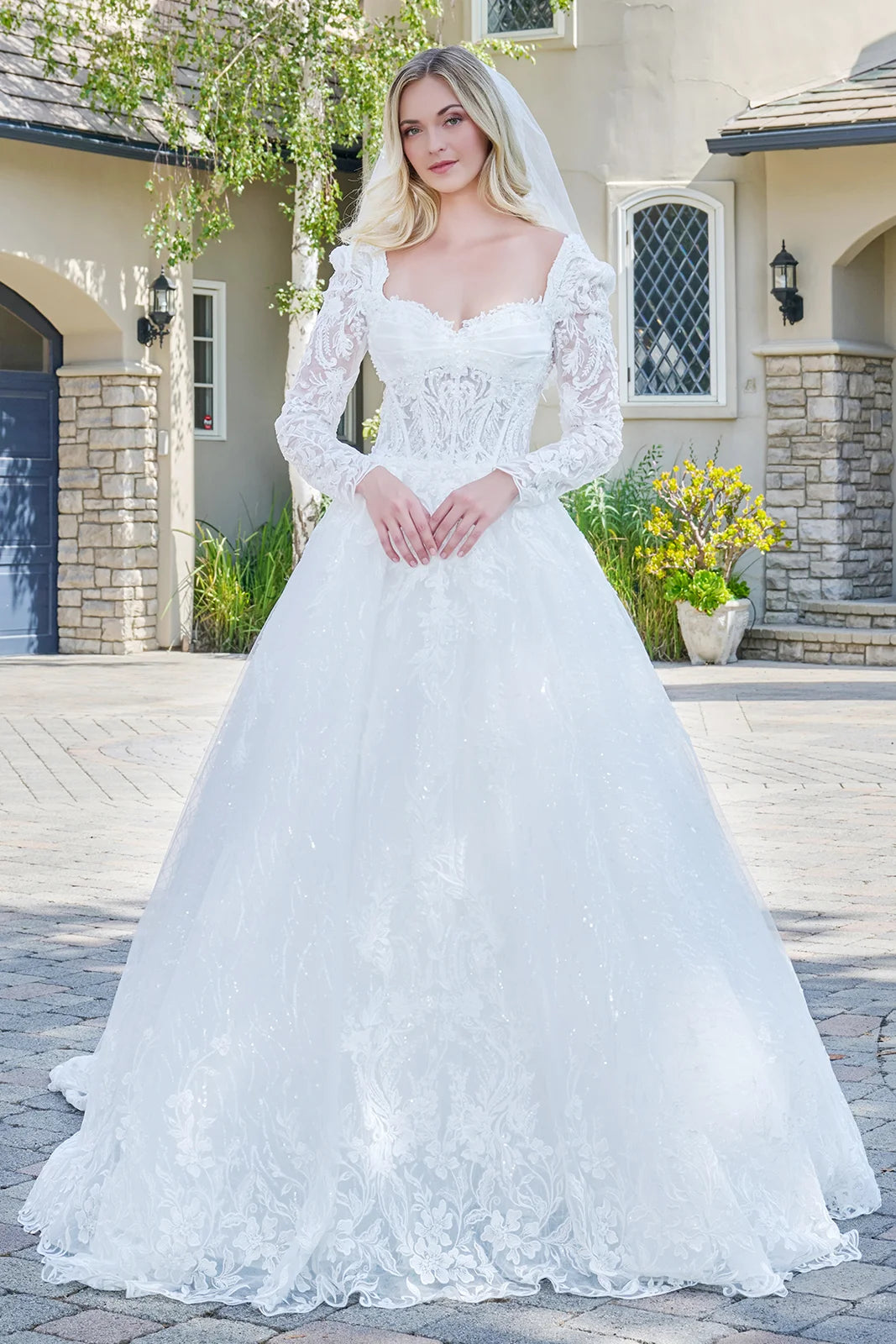 Off-White Long Sleeve Lace Wedding Dress Sweetheart Ball Gown with Sparkle Tulle Skirt by Gloria GL3820
