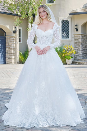 Off-White Long Sleeve Lace Wedding Dress Sweetheart Ball Gown with Sparkle Tulle Skirt by Gloria GL3820