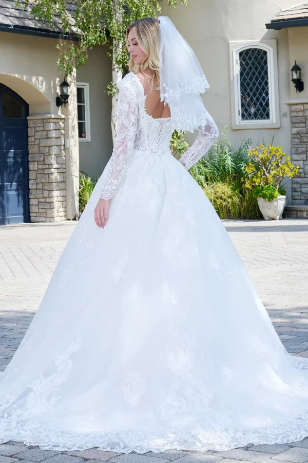 Off-White Long Sleeve Lace Wedding Dress Sweetheart Ball Gown with Sparkle Tulle Skirt by Gloria GL3820