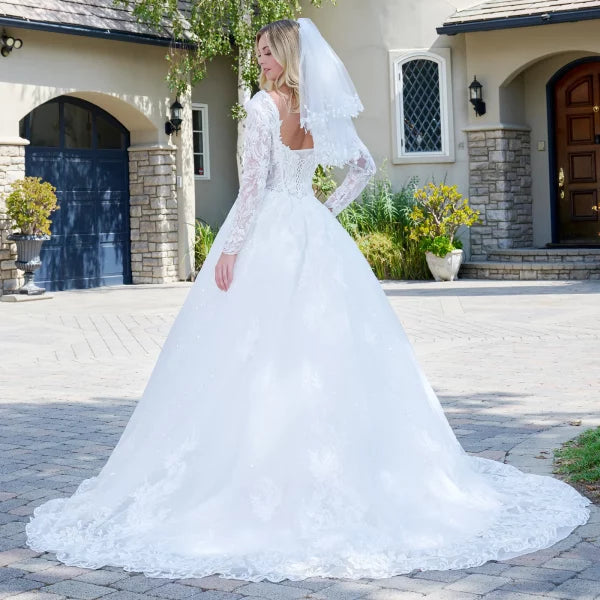 Off-White Long Sleeve Lace Wedding Dress Sweetheart Ball Gown with Sparkle Tulle Skirt by Gloria GL3820